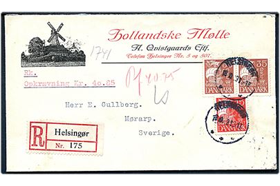 15 øre og 35 øre (par) Karavel på illustreret firmakuvert fra Hollandske Mølle sendt anbefalet fra Helsingør d. 18.10.1931 til Mörarp, Sverige.