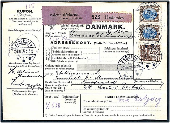 5 øre Bølgelinie og 1 kr. Chr. X i parstykke på 205 øre frankeret internationalt adressekort for værdipakke annulleret med brotype IIb Haderslev sn3 d. 23.10.1926 via Esbjerg til Bordeaux, Frankrig.