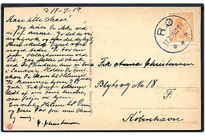 7 øre Chr. X på brevkort (Sandvig, Hotel Strandslot) annulleret med brotype IIIb Rø d. 17.7.1919 til København.