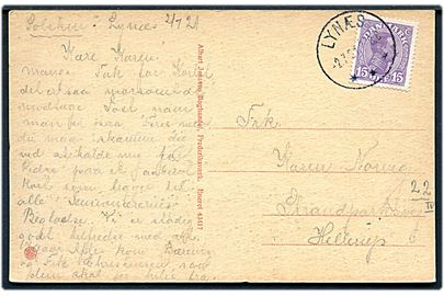 15 øre Chr. X på brevkort (Solnedgang set fra Lynæs havn) annulleret med brotype IIIC Lynæs d. 2.7.1921 til Hellerup.