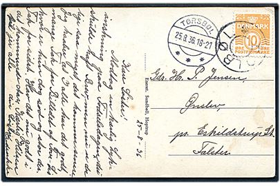 10 øre Bølgelinie på brevkort (Hilsen fra Holbøl) annulleret med udslebet stjernestempel HOLBØL og sidestemplet Tørsbøl d. 25.8.1936 til Eskildstrup.