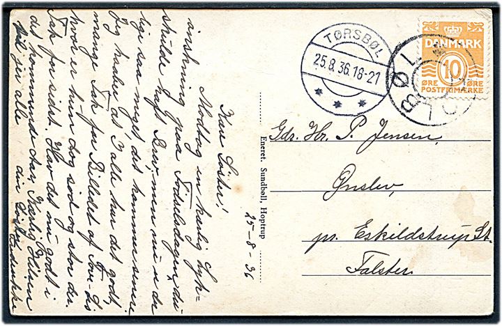 10 øre Bølgelinie på brevkort (Hilsen fra Holbøl) annulleret med udslebet stjernestempel HOLBØL og sidestemplet Tørsbøl d. 25.8.1936 til Eskildstrup.