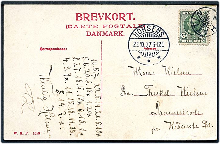 5 øre Fr. VIII på brevkort annulleret med stjernestempel HATTING og sidestemplet Horsens d. 22.10.1907 til Hedensted.