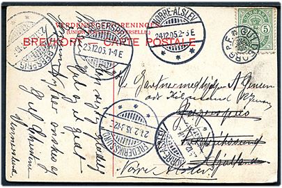 5 øre Våben på brevkort (Vennerslund) annulleret med stjernestempel GULDBORG p.F. og sidestemplet Nørre-Alslev d. 24.12.1905 til Jægerspris - eftersendt flere gange.