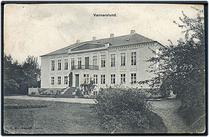 5 øre Våben på brevkort (Vennerslund) annulleret med stjernestempel GULDBORG p.F. og sidestemplet Nørre-Alslev d. 24.12.1905 til Jægerspris - eftersendt flere gange.
