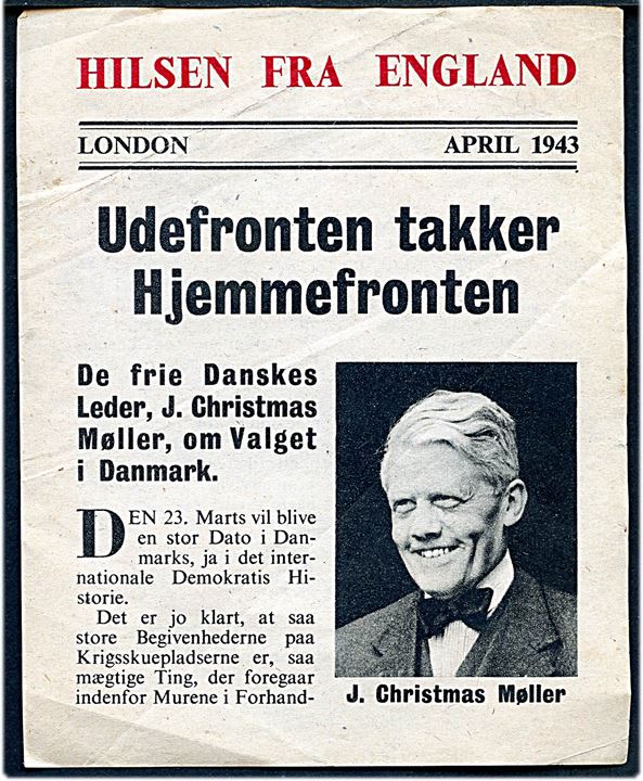 Nedkastet flyveblad. Hilsen fra England april 1943 Udefronten takker Hjemmefronten med J. Christmas Møller.
