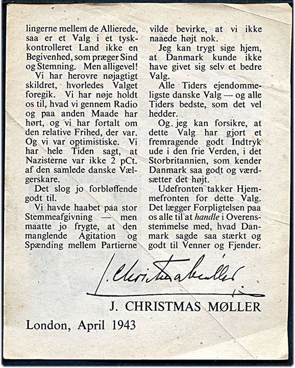 Nedkastet flyveblad. Hilsen fra England april 1943 Udefronten takker Hjemmefronten med J. Christmas Møller.