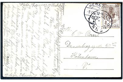 10 øre Regentjubilæum på brevkort (Henne Strand med Hotel Henne Strand) annulleret med udslebet stjernestempel HENNE STRAND og sidestemplet Henne d. 9.7.1937 til København. Sommer brevsamlingssted.