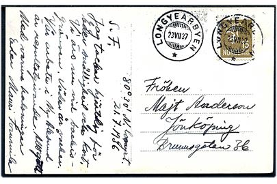 15 øre Løve på brevkort (Udsigt over Hammerfest) sendt fra Svalbard og annulleret Longyearbyen d. 23.8.1937 til Jönköping, Sverige.