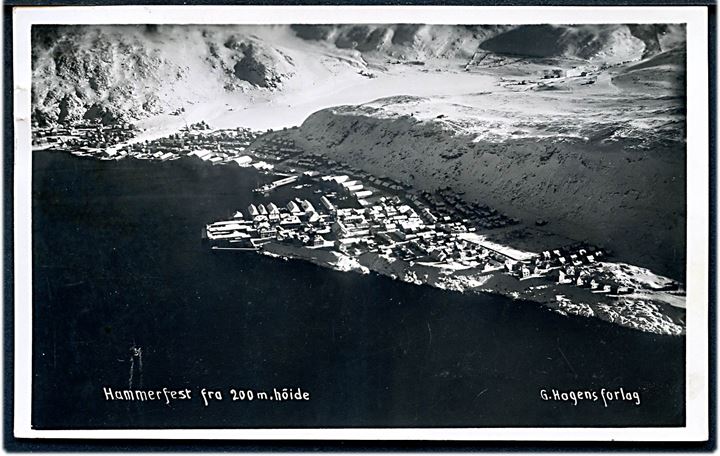 15 øre Løve på brevkort (Udsigt over Hammerfest) sendt fra Svalbard og annulleret Longyearbyen d. 23.8.1937 til Jönköping, Sverige.