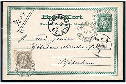 5 øre helsagsbrevkort opfrankeret med 1 øre Posthorn annulleret med bureaustempel Merakerbanens Postexp. d. 1.6.1884 til Kjøbenhavn, Danmark.