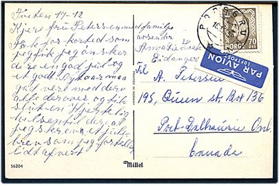 70 øre Haakon single på luftpost brevkort fra Porsgrund d. 16.12.1958 til Canada.
