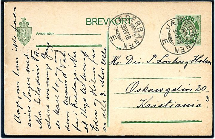 5 øre Posthorn helsagsbrevkort annulleret med bureaustempel Jæderbanen E d. 30.4.1918 til Kristiania.