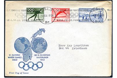 Komplet sæt Vinterolympiade 1952 udg. på illustreret FDC annulleret med TMS VI Olympiske Vinterleker/Oslo d. 1.10.1951 til København, Danmark.