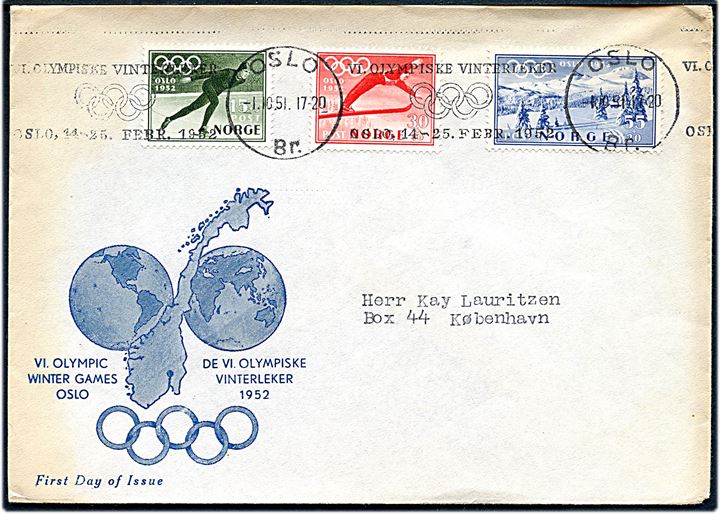 Komplet sæt Vinterolympiade 1952 udg. på illustreret FDC annulleret med TMS VI Olympiske Vinterleker/Oslo d. 1.10.1951 til København, Danmark.