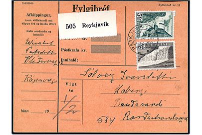 2 kr. og 5 kr. Vandfald på adressebrev for indenrigs pakke fra Reykjavik d. 24.7.1956 til Patreksfjördur. 
