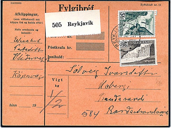 2 kr. og 5 kr. Vandfald på adressebrev for indenrigs pakke fra Reykjavik d. 24.7.1956 til Patreksfjördur. 