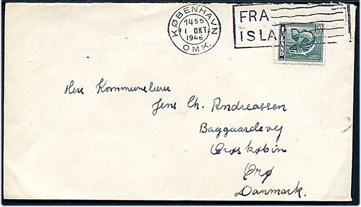 50 aur Torsk på skibsbrev annulleret med TMS København OMK. / Fra Island d. 1.10.1946 til Ærøskøbing, Danmark.