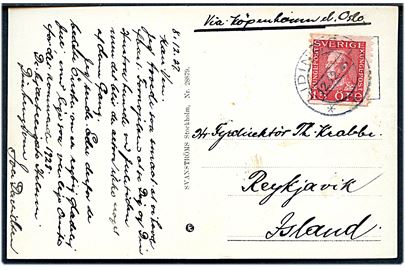 15 öre Gustaf på brevkort fra Lidingö d. 12.12.1927 til Reykjavik, Island. Påskrevet: Via Köpenhamn el. Oslo.