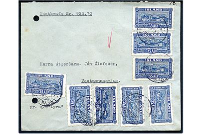 35 aur Landskab (8) på 280 aur frankeret brev med postopkrævning fra Reykjavik d. 1.12.1927 til Vestmannaeyjum. Påskrevet: pr. S/S Lyra. To arkivhuller.
