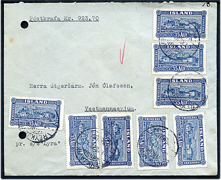 35 aur Landskab (8) på 280 aur frankeret brev med postopkrævning fra Reykjavik d. 1.12.1927 til Vestmannaeyjum. Påskrevet: pr. S/S Lyra. To arkivhuller.