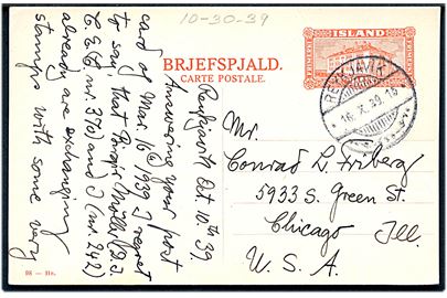 20 aur helsagsbrevkort (fabr. 98-Hn.) fra Reykjavik d. 16.10.1939 til Chicago, USA.