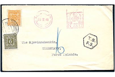 Britisk 2½d firmafranko frankeret brev fra Aberdeen d. 20.2.1948 til Thorshavn, Færøerne. Britisk portostempel T.8./F.S. og udtakseret i dansk porto med 6 øre og 10 øre Portomærke stemplet Thorshavn d. 30.2.1948.