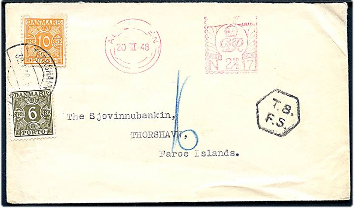 Britisk 2½d firmafranko frankeret brev fra Aberdeen d. 20.2.1948 til Thorshavn, Færøerne. Britisk portostempel T.8./F.S. og udtakseret i dansk porto med 6 øre og 10 øre Portomærke stemplet Thorshavn d. 30.2.1948.