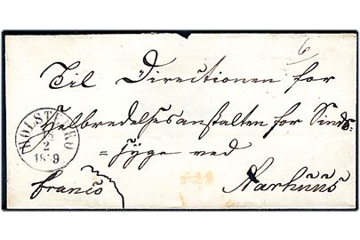1859. Ufrankeret francobrev med antiqua Holstebro d. 18.2.1859 til Direktionen for Helbredelsesanstalten for Sindssyge i Aarhus.