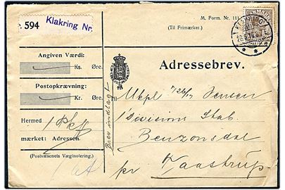 25 øre Chr. X på adressebrev for pakke annulleret Klakring d. 28.6.1918 til soldat ved 1. Divisions Stab, Benzonsdal pr. Taastrup. Blanco-etiket stemplet Klakring Nr..