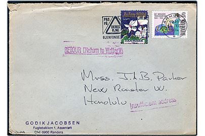 3,70 kr. Mosaiske Troessamfund og Julemærke 1984 på brev fra Århus d. 24.12.1984 til Honolulu, Hawaii, USA. Retur pga. utilstrækkelig adresse.