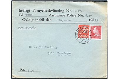 60 øre Fr. IX uden perfin og 2 kr. Rigsvåben med perfin V.L. (Valdemar Lützen) på brev med postopkrævning fra Tórshavn d. 7.1.1972 til Funningur.