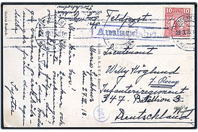 10 öre Gustaf på brev påskrevet Feldpost fra Stockholm d. 28.3.1918 til svensk frivillig løjtnant Willy Höglund i Infanteriegiment 347, Tyskland. Rammestempel Auslandbrief. Løjtnant Willy Höglund (1894-1918) fra Smålands husarregemente gik i april 1917 i frivillig tysk krigstjeneste, først på østfronten hvor han blev såret og fik Jernkorset og siden på vestfronten, hvor han faldt ved Montcornet i Frankrik d. 1.7.1918. Skrevet på svensk og sendt fra søster på Maria Sjukhus i Stockholm.