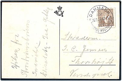 10 øre Tavsen på brevkort (Pakketakst mellem Sjælland og Lolland-Falster til 40 øre) annulleret med særstempel Danmark * Det Rullende Postkontor * d. 26.9.1937 til Thorshøj. Det rullende postkontor var opstillet på Masnedø d. 26.9.1937 i forbindelse med åbningen af Storstrømsbroen.