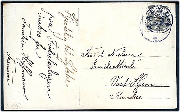 3 øre Bølgelinie på lokalt brevkort (Gadeparti fra Taarnum) annulleret med stjernestempel TAARNUM og sidestemplet svagt Randers ca. 1916 til Randers.