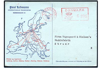 6 øre posthusfranko på tryksagskort fra Paul Lehmann i København OMK. 25 d. 6.8.1948 til Struer.