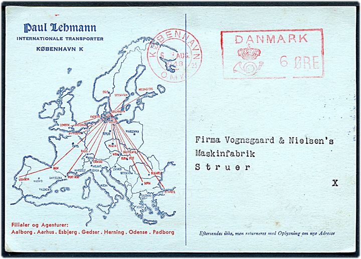 6 øre posthusfranko på tryksagskort fra Paul Lehmann i København OMK. 25 d. 6.8.1948 til Struer.