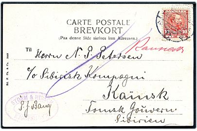 10 øre Chr. IX på brevkort fra Kjøbenhavn d. 16.8.1905 til Sibirisk Kompagni i Kainsk, Tomsk Gouv., Sibirien.
