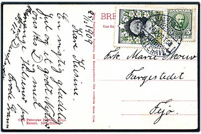 5 øre Fr. VIII og Julemærke 1909 på brevkort annulleret med bureaustempel Masnedsund - Kallehave T.5 d. 26.12.1909 til Fejø.