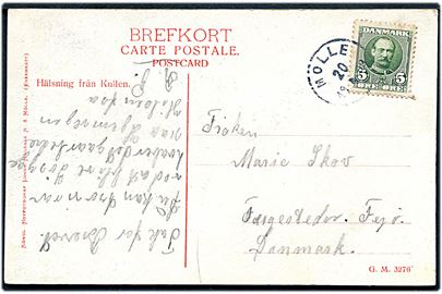 5 øre Fr. VIII på brevkort (Diamantklippen) annulleret med svensk stempel Mölle d. 20.4.1909 til Fejø, Danmark. Ikke udtakseret i porto.