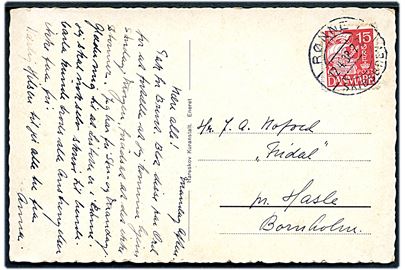 15 øre Karavel på brevkort (Hareskov Kuranstalt) annulleret med brotype IIb Rønne Skibsbrev d. 12.4.1938 til Hasle på Bornholm.