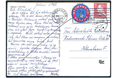 50 øre Fr. IX og Føroya Barnaheim på brevkort annulleret både Tórshavn d. 17.12.1965 og TMS skibsstempel København OMK. / Fra Færøerne d. 20.12.1965 til København.