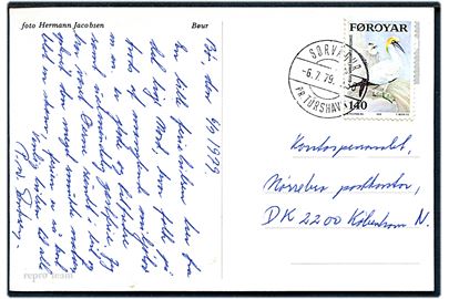 140 øre Søfugl på brevkort annulleret med pr.-stempel Sørvágur pr. Tórshavn d. 6.7.1979 til København.