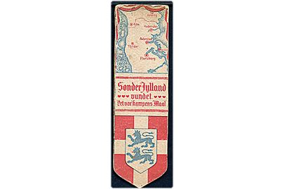 Genforeningen 1920. Illustreret bogmærke Sønderjylland vundet - Det var Kampens Maal med landkort og på bagsiden Dybbøl Mølle.