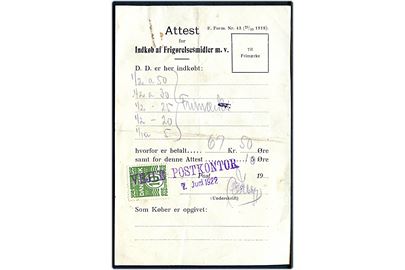 10 øre Bølgelinie annulleret med kontorstempel Vejle Postkontor d. 7.6.1922 på Attest for Indkøb af Frigørelsesmidler m.v. - formular F.Form. Nr. 43 (23/10 1919).