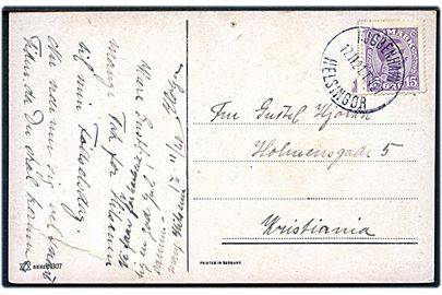 15 øre Chr. X på brevkort annulleret med bureaustempel Kjøbenhavn - Helsingør T.427 d. 17.11.1921 til Kristiania, Norge.