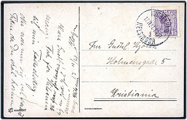 15 øre Chr. X på brevkort annulleret med bureaustempel Kjøbenhavn - Helsingør T.427 d. 17.11.1921 til Kristiania, Norge.