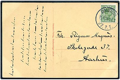 5 øre Chr. X på brevkort annulleret med brotype IIIb Skanderborg JB.P.E. d. 11.6.1918 til Aarhus. Meddelelse formodentlig skrevet med morse tegn.