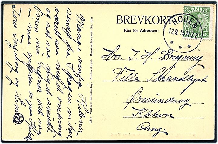 5 øre Chr. X på brevkort annulleret med brotype IIIb Højen d. 13.9.1916 til København.