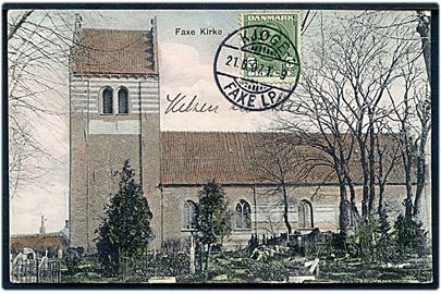 5 øre Fr. VIII på billedside af brevkort (Faxe kirke) annulleret med bureaustempel Kjøge - Faxe Lp. T.9 d. 21.6.1907 til Nykjøbing F.